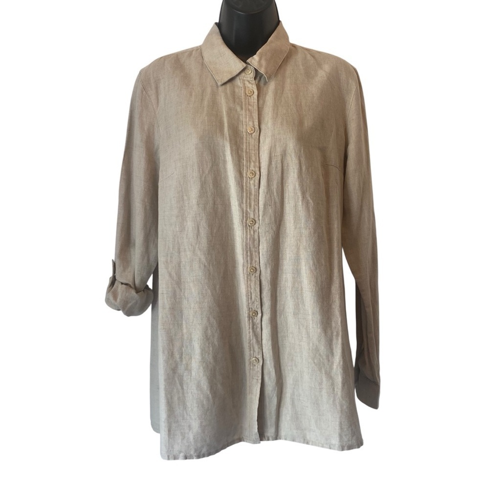 KIM ROGERS Women's size small Oatmeal Beige Linen Blend Button-Down Shirt